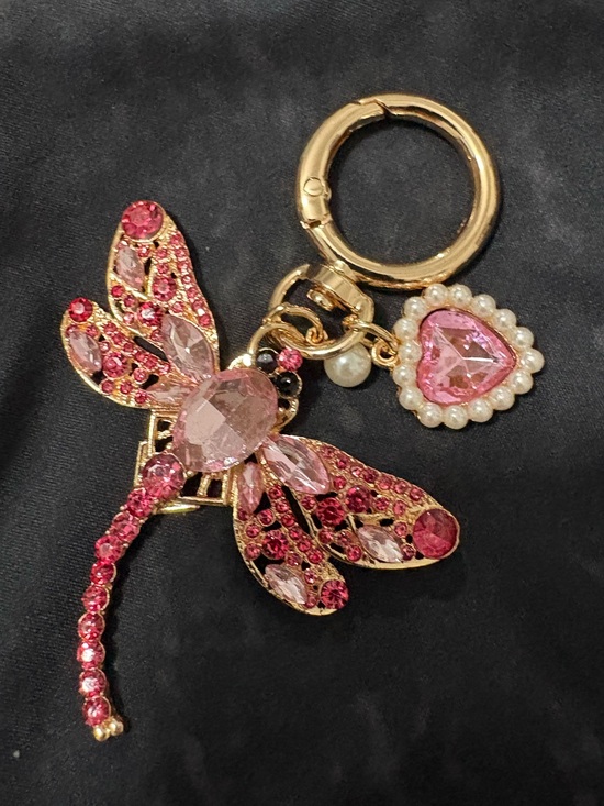 None Accessories - Pink Crystal Dragonfly Key & Card Holder Charm with Pearl Heart Accent